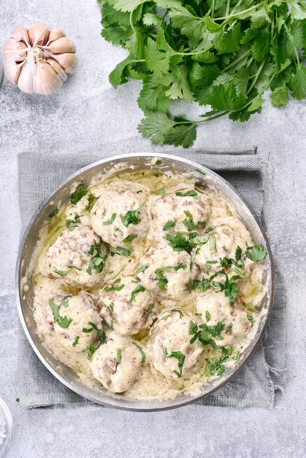 Meatballs with White Sauce, Top View Stock Image Image of herbs
