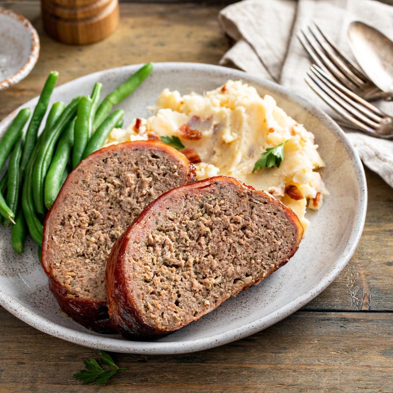 Meatloaf with Mashed Potatoes and Green Beans Stock Photo Image of