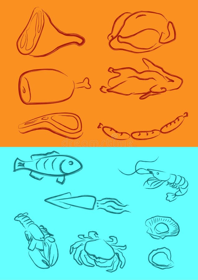 A vector illustration for a variety of meats in artistic outline. Cartoon chop vectors