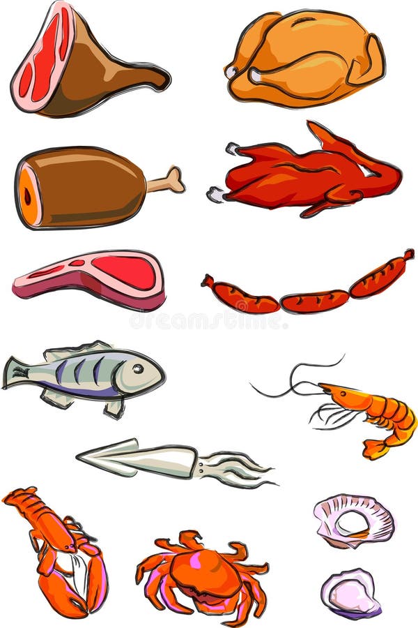 A illustration for a variety of meats, chicken, duck, pork, beef, lamp chop, hot-dog, fish, squire, lobster, crab, prawn, oyster, scallop,. Cartoon chop illustrations