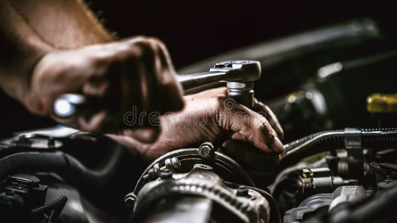 Mec?nico de autom?viles que trabaja en el motor de coche en garaje de los mec?nicos Servicio de reparaci?n Mec?nico de autom?viles que trabaja en el motor de coche en garaje de los mec?nicos Servicio de reparaci?n