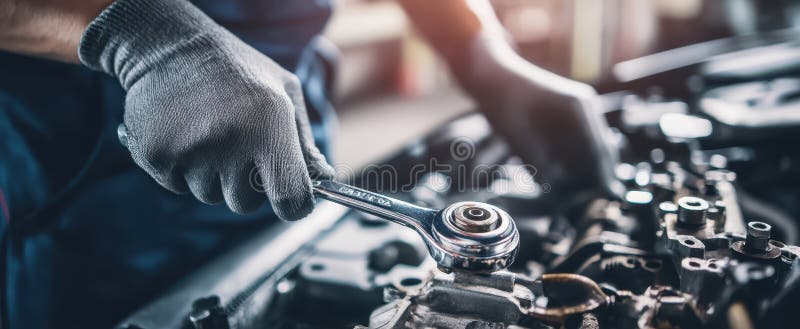 Mecanicul folosește o cheie pentru a repara motorul într-un atelier de setareImagine generată de AI royalty free stock photo