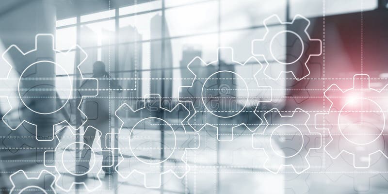 Mecanismo de engrenagens na tela virtual Executivos e cidade moderna no fundo fotografia de stock Mecanismo de engrenagens na tela virtual Executivos e cidade moderna no fundo fotografia de stock