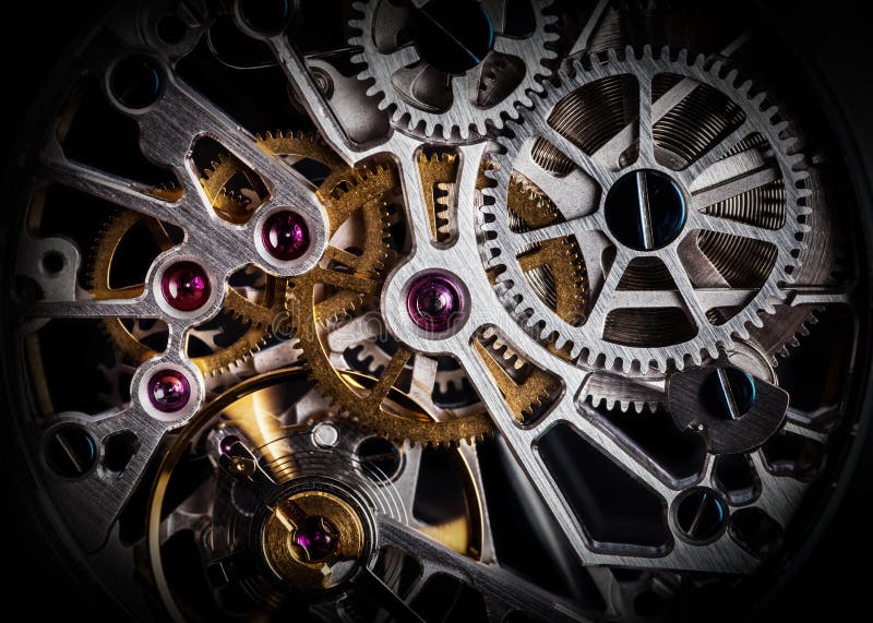 Meccanismo, movimento a orologeria di un orologio con i gioielli, primo piano Lusso d'annata fotografie stock Meccanismo, movimento a orologeria di un orologio con i gioielli, primo piano Lusso d'annata fotografie stock