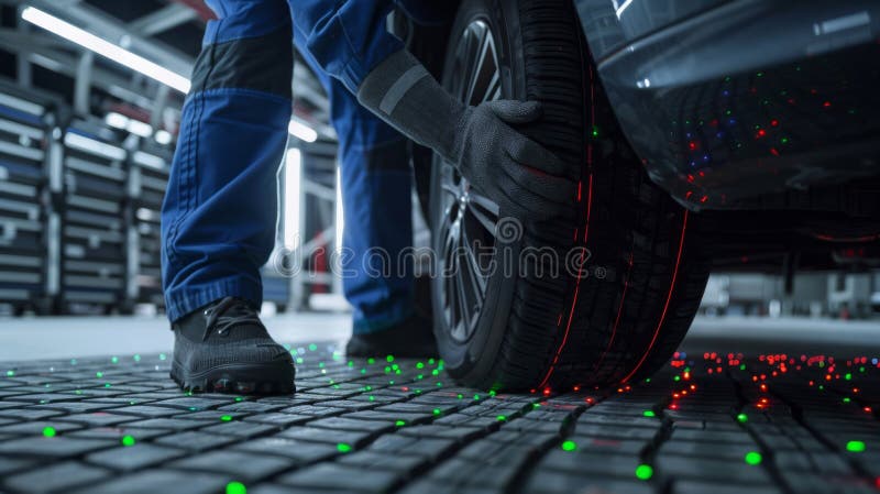 The mechanic adjusting car tire. stock image.