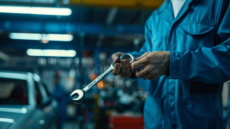 The Mechanic Holding Wrench. stock photo.