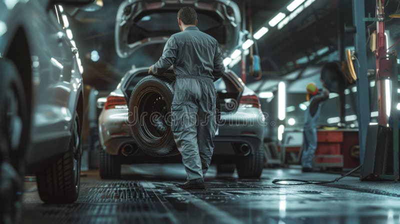 The mechanic carrying tire. royalty free stock images.