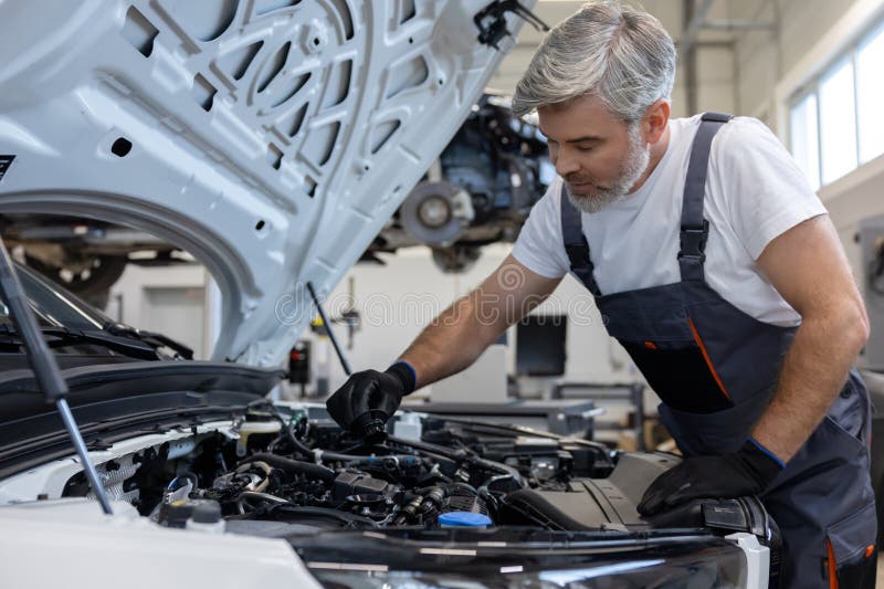 Mechanic checking engine oil in workshop stock image