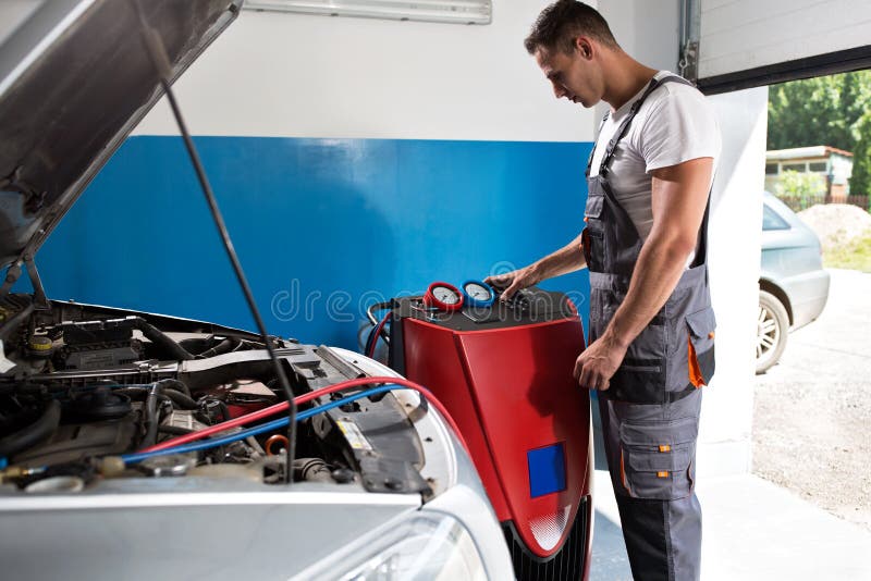 Mechanic Checks the Air Conditioner Stock Image Image of labor
