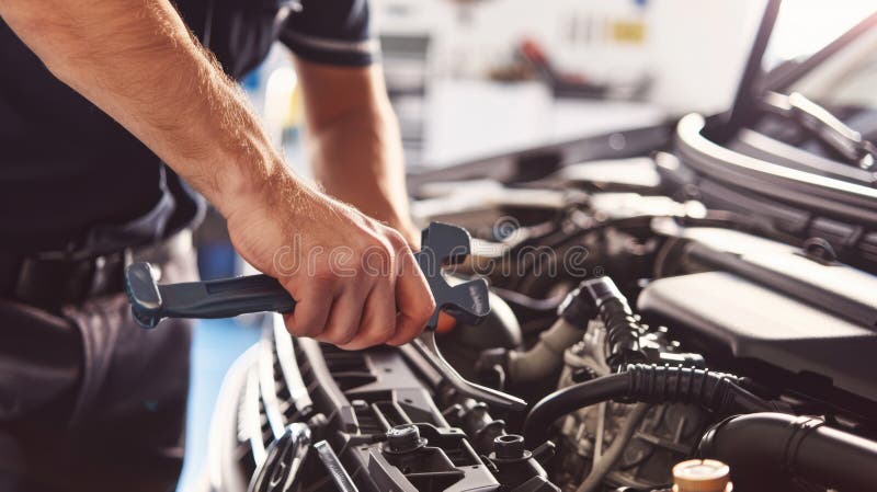 The mechanic fixing engine. stock images.