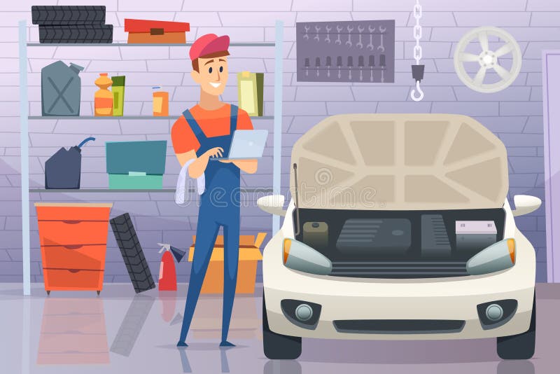 Mechanic in garage. Auto service man fixing repairing vehicle vector cartoon background