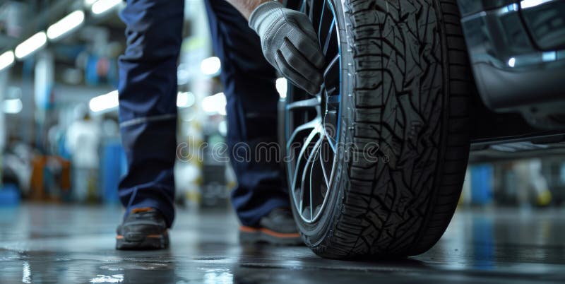 The mechanic fixing tire. royalty free stock image.