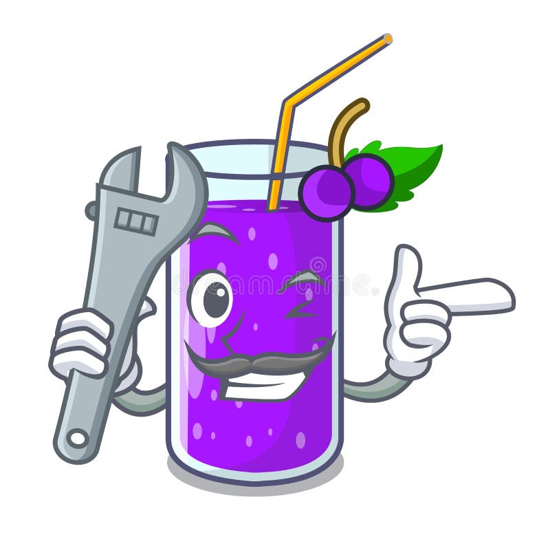 Mechanic Grape Juice Bottle with Label Cartoon Stock Vector