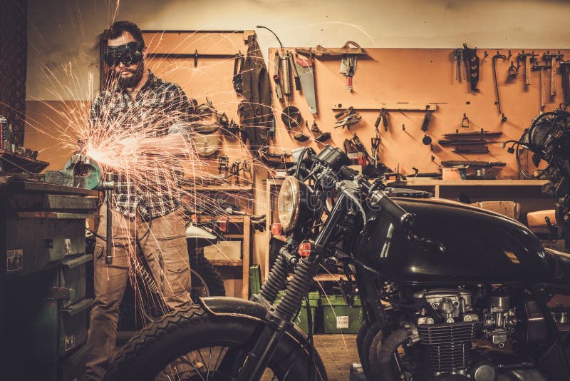 Mechanic at Motorcycle Customs Garage Stock Photo Image of garage