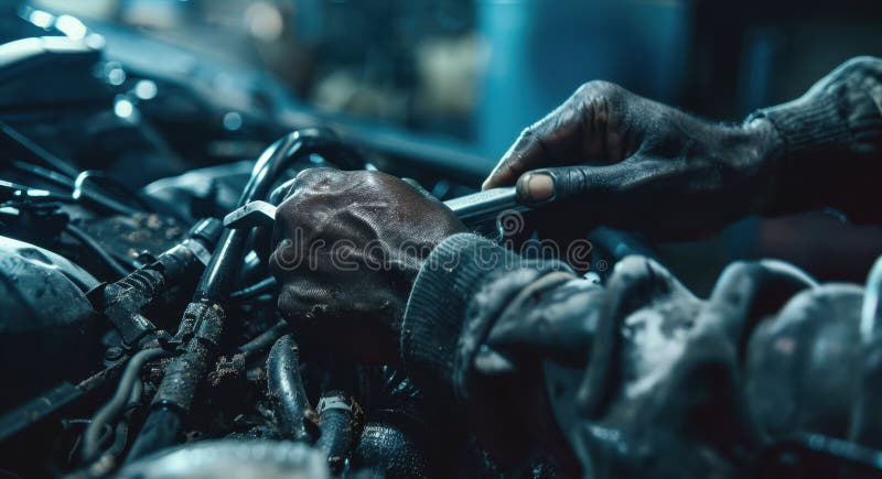 The mechanic repairing engine. royalty free stock image.