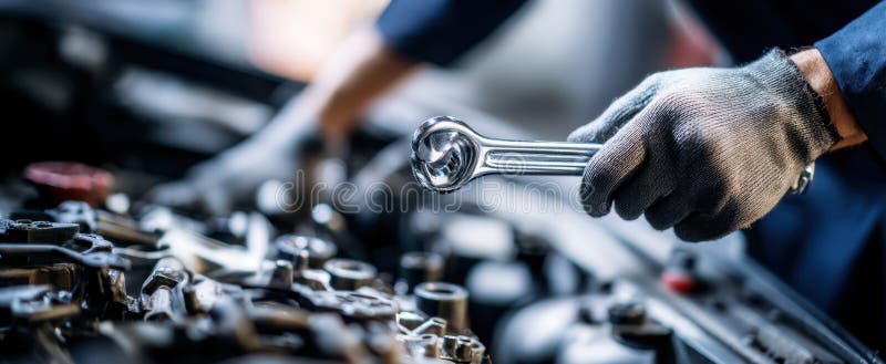 The mechanic using a wrench to work on an engine in a garage.. image stock photography.
