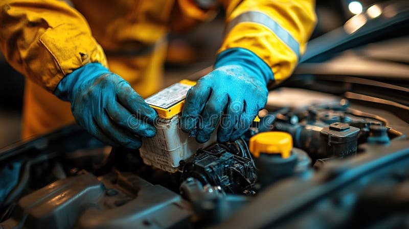 Mechanic in yellow uniform replacing car battery in a garage royalty free illustration