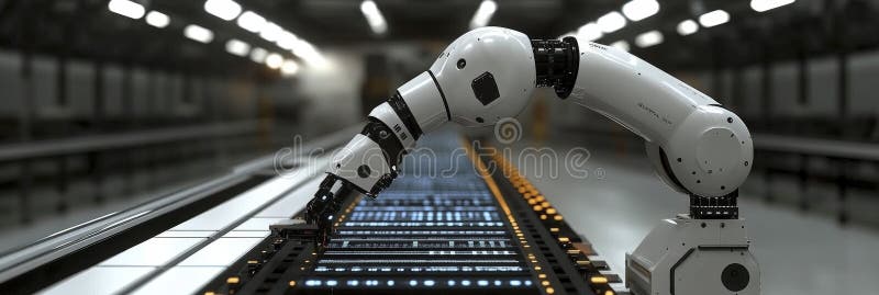 Mechanical arm performing automated electronic assembly stock illustration