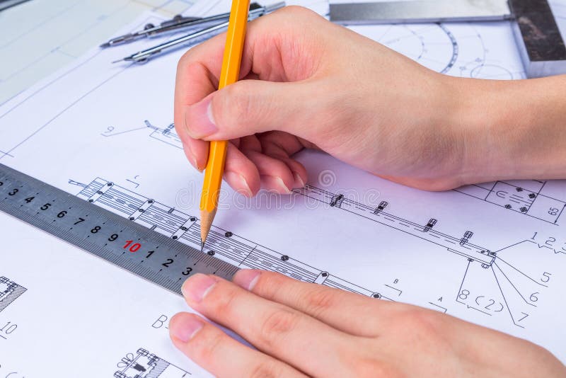 Mechanical Design Engineer In Drawing Stock Image Image of background