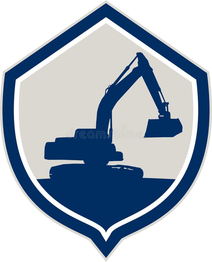 Illustration of a construction digger mechanical excavator silhouette set inside crest shield done in retro style on isolated background. Illustration of a construction digger mechanical excavator silhouette set inside crest shield done in retro style on isolated background.