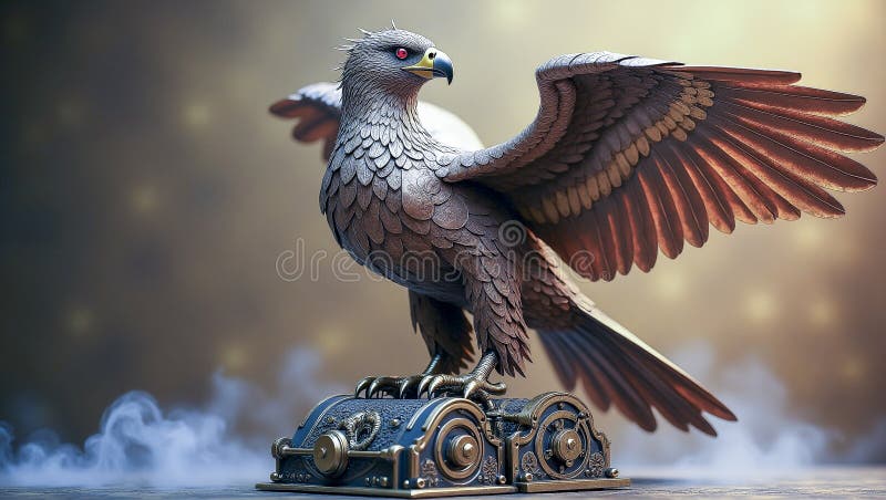 A majestic clockwork eagle with metallic feathers, rotating wing joints, and steam exhaust vents stock image