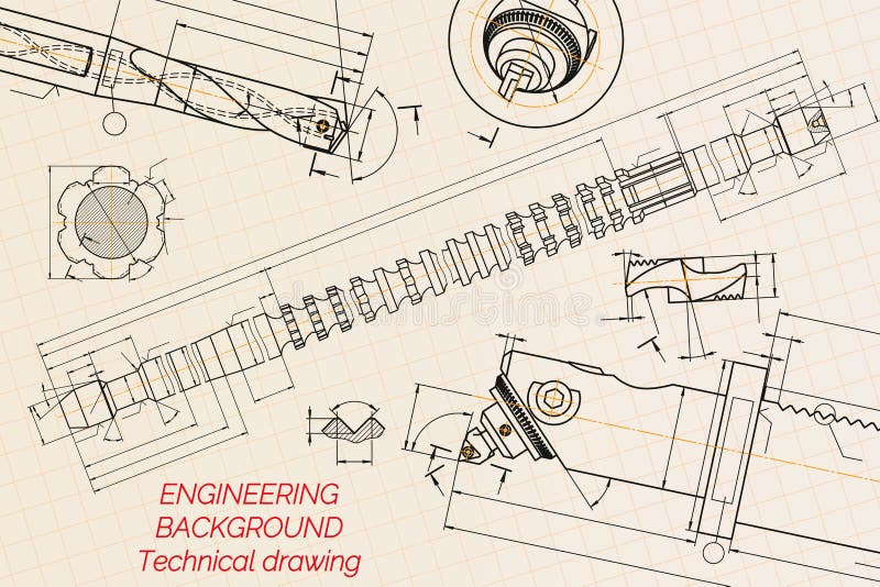 Mechanical Engineering Drawings on Blue Background. Drill Tools, Borer