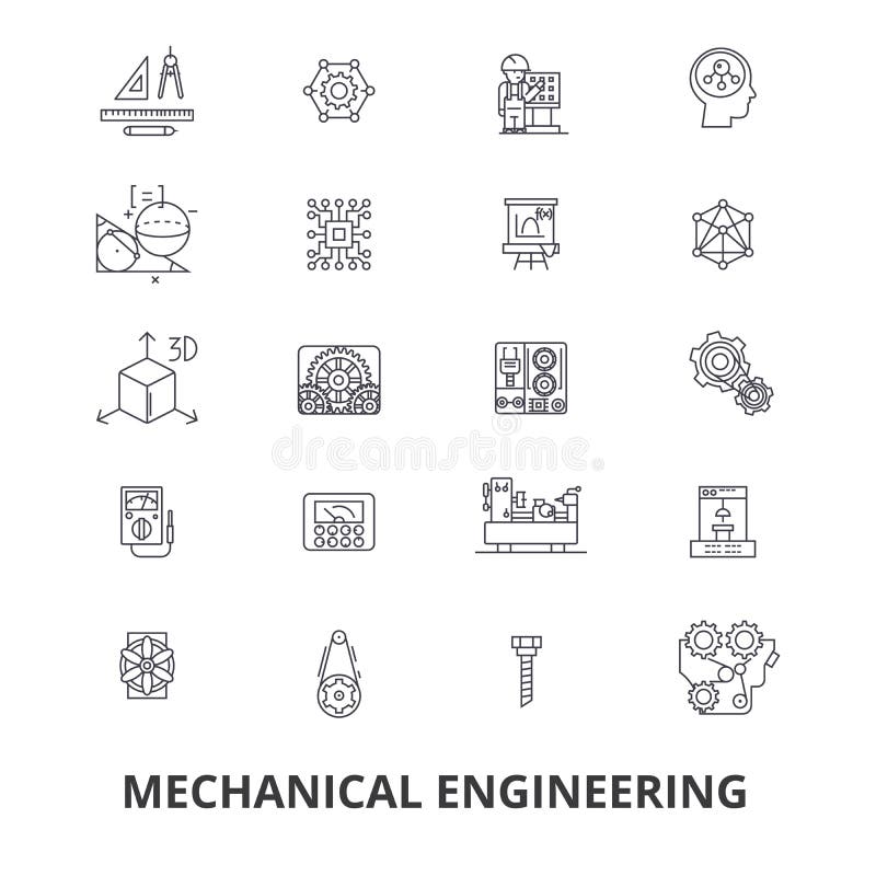 Mechanical engineering, mechanic, electrical, gears, electronic, car mechanic line icons. Editable strokes. Flat design vector illustration symbol concept. Linear signs isolated on white background