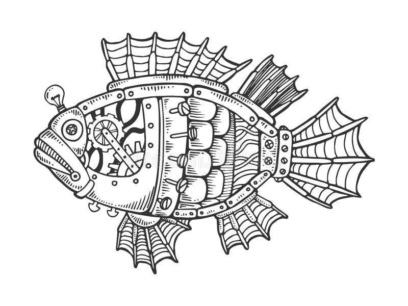 Mechanical fish animal engraving vector illustration. Scratch board style imitation. Black and white hand drawn image.