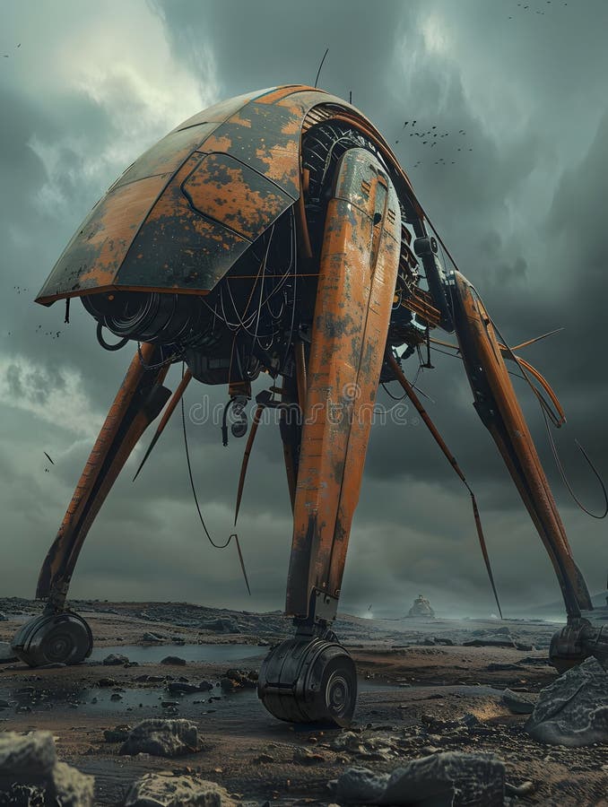 Mechanical Guardian Drone Patrolling Dystopian Post Apocalyptic Wasteland vector illustration