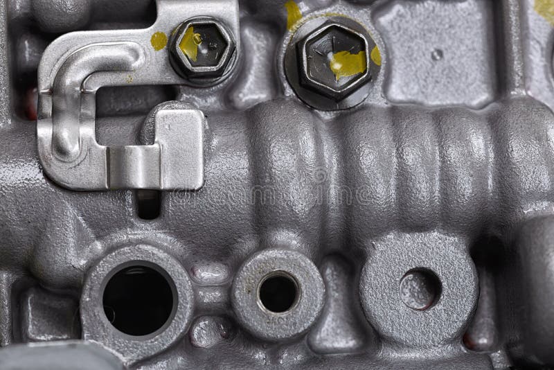 Mechanical Part with Metal Components and Hydraulic Valves Stock Photo