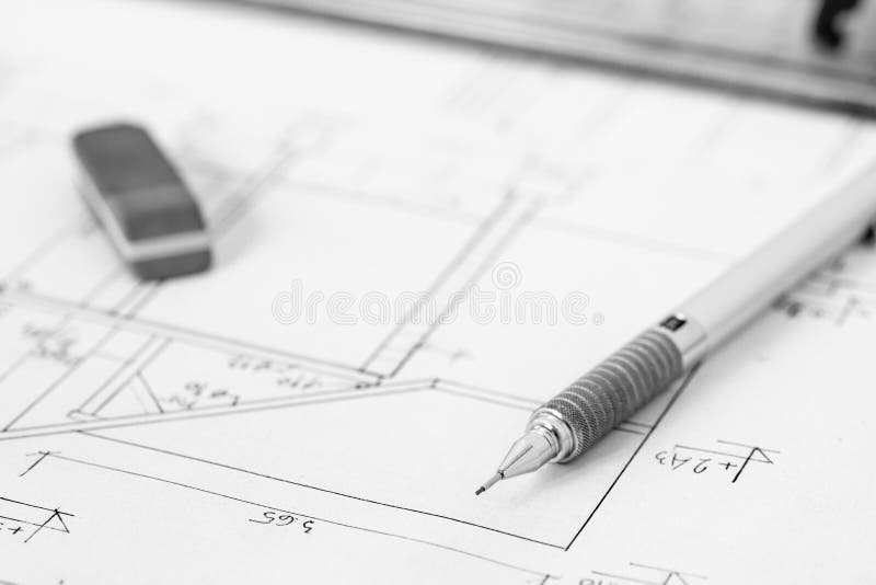 Mechanical Pencil and Eraser on Technical Drawing Stock Image Image