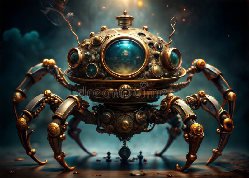Mechanical Spider Automaton with Intricate Gears and Glowing Eyes, Steampunk Design with Metallic Legs and Detailed Craftsmanship royalty free illustration