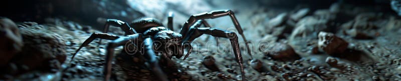 Mechanical spider in a mysterious cave sensors active navigating the uneven shadow filled terrain vector illustration