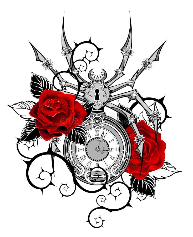 Mechanical spider with red roses vector illustration