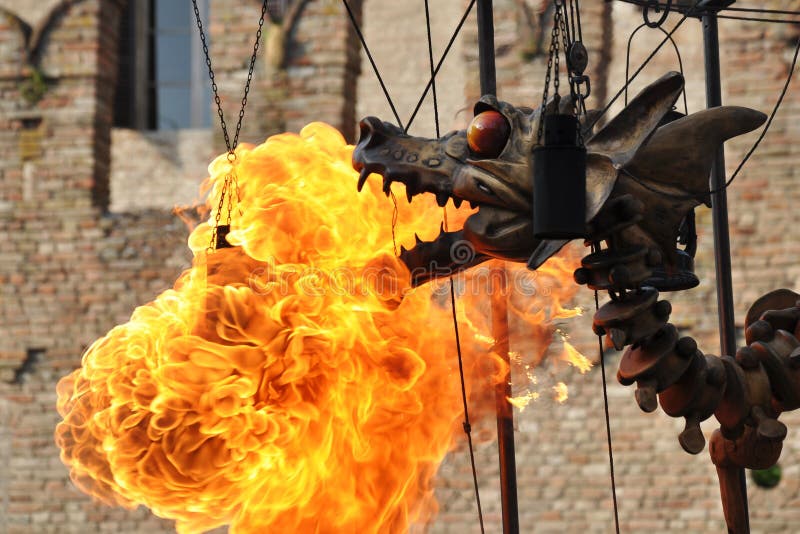 Mechanical steel steampunk-like dragon emit fire