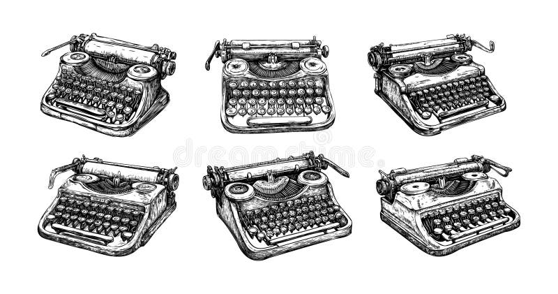 Mechanical typewriter engraving vector set. Typer printing text machine writing retro secretary poets journalists device stock illustration