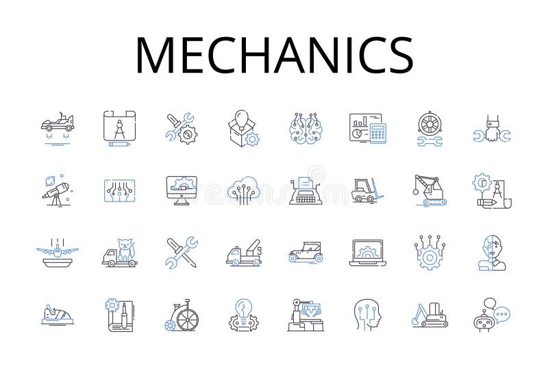 Mechanics line icons collection. Physics, Dynamics, Kinetics, Motion, Movement, Force, Energy vector and linear