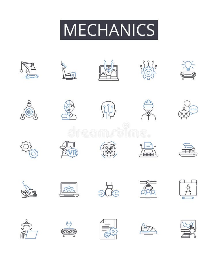 Mechanics line icons collection. Physics, Dynamics, Kinetics, Motion, Movement, Force, Energy vector and linear