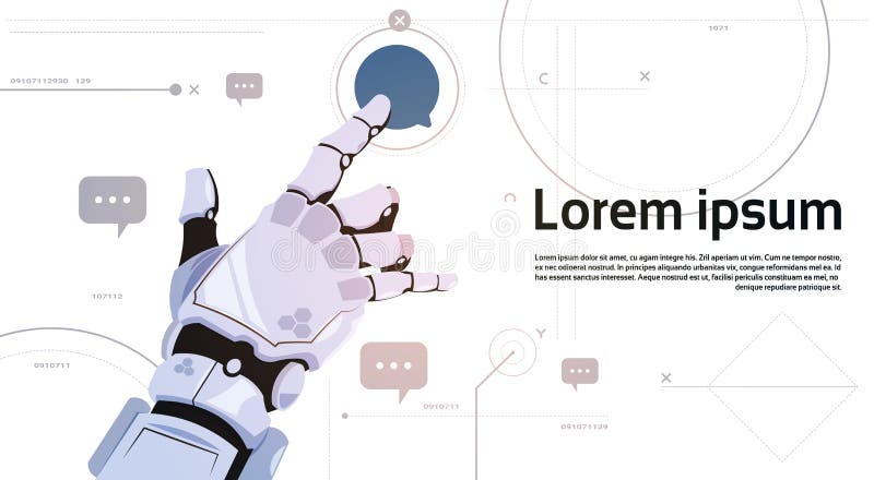Mechaniczni ręka dotyka gadki bąbla ikony roboty komunikacja I Sztucznej inteligenci pojęcie ilustracji Mechaniczni ręka dotyka gadki bąbla ikony roboty komunikacja I Sztucznej inteligenci pojęcie ilustracji