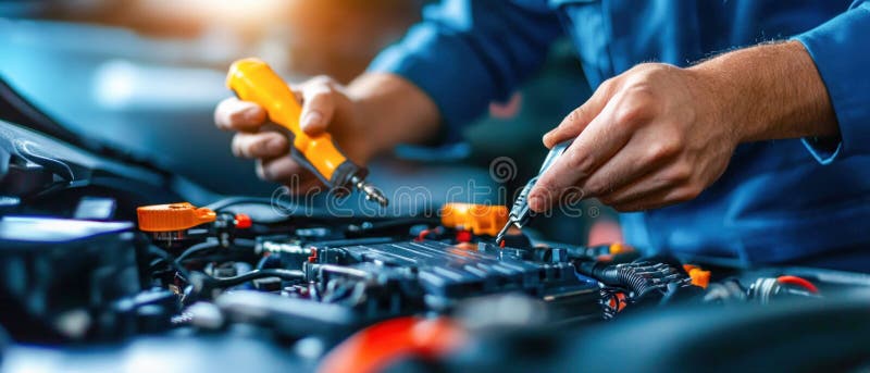 Mechanik pracujący na silniku samochodowym z narzędziami. ai generatywne. ilustracji