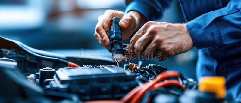 Mechanik pracujący na silniku samochodowym z narzędziami. ai generatywne. ilustracji