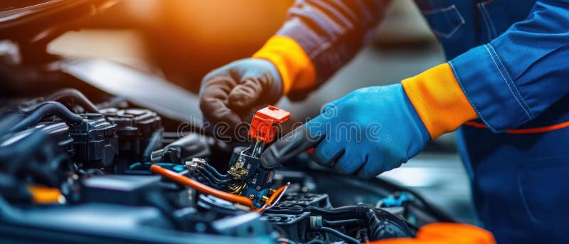 Mechanik pracujący na silniku samochodowym z narzędziami. ai generatywne. ilustracji