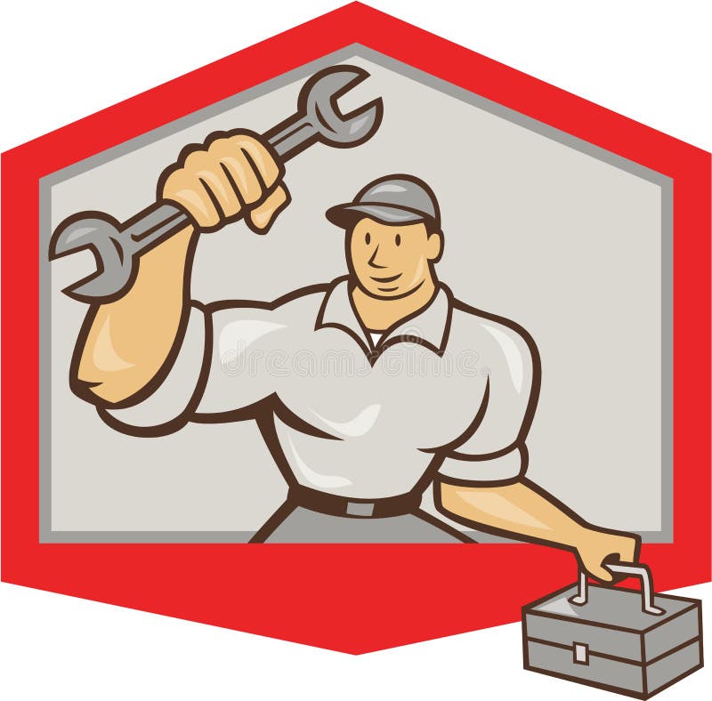 Mechaniker-Hold Spanner Wrench-Werkzeugkasten-Schild stock abbildung Mechaniker-Hold Spanner Wrench-Werkzeugkasten-Schild stock abbildung