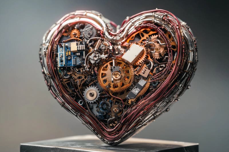 Mechanisches Herzdesign symbolisiert Liebe und Technologie durch komplizierte Getriebe und rote Farbe. Ein rotes Herz voller komplizierter Getriebe und Maschinen zeigt die Mischung aus Emotion und Technik. Das Kunstwerk betont die Verbindung zwischen Liebe und Technologie generiert KI