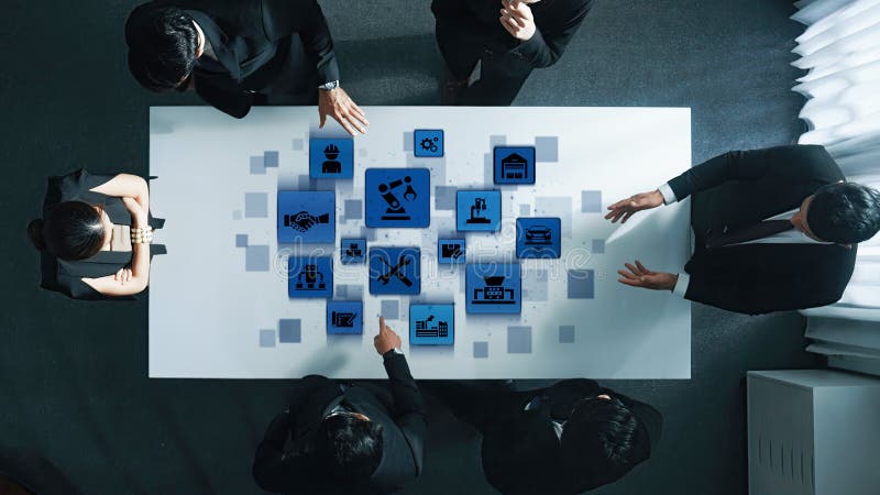 Mechanized industry automation with robotic arms, gears and production line icons Entice stock illustration