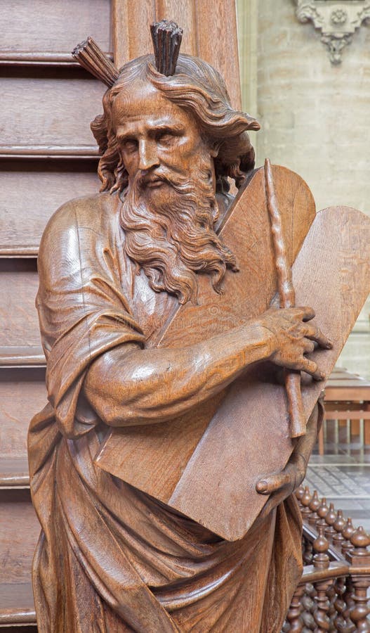 Mechelen - The carved statue of Moses on the entry of the pulpit in church Our Lady across de Dyle.