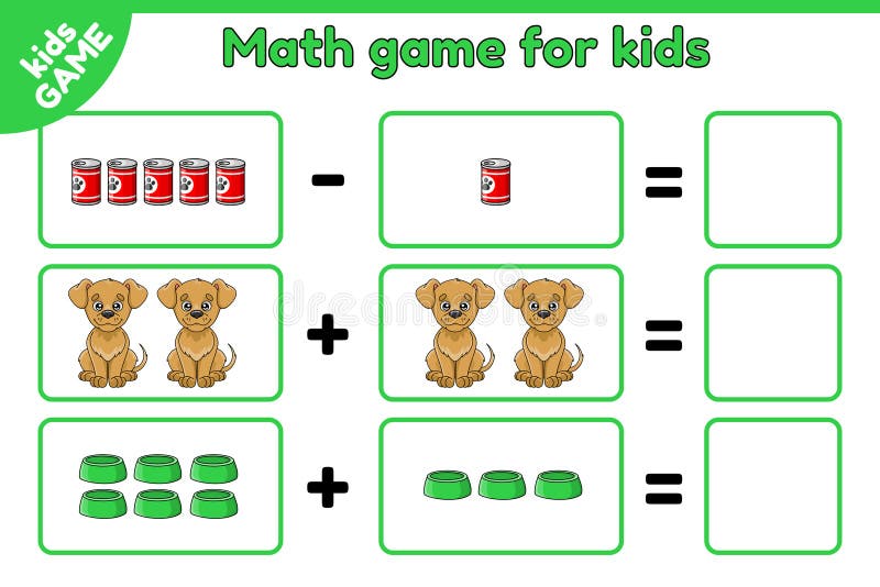 Mecz dzieci matematyka z karykaturalnym puppies bowies jedzenie dla psów ilustracji