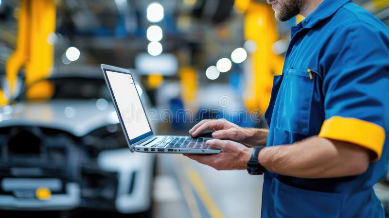 Mecánico con portátil en un taller de automoción centrado en el diagnóstico y los procesos de reparación de vehículos stock de ilustración