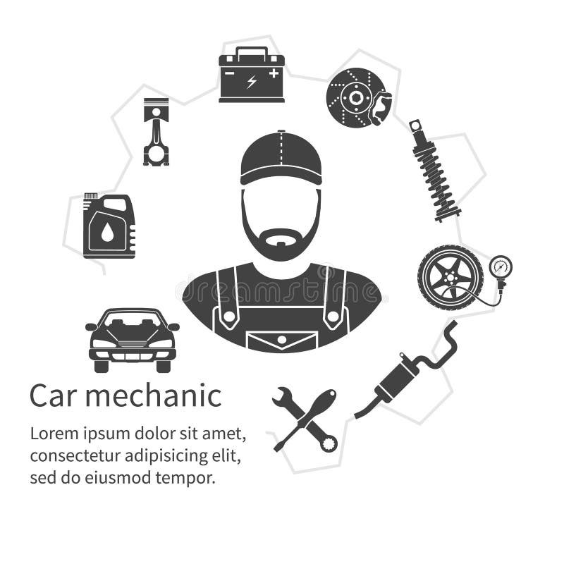 Mecânico de carro, ferramentas dos ícones e peças sobresselentes, conceito ilustração royalty free Mecânico de carro, ferramentas dos ícones e peças sobresselentes, conceito ilustração royalty free