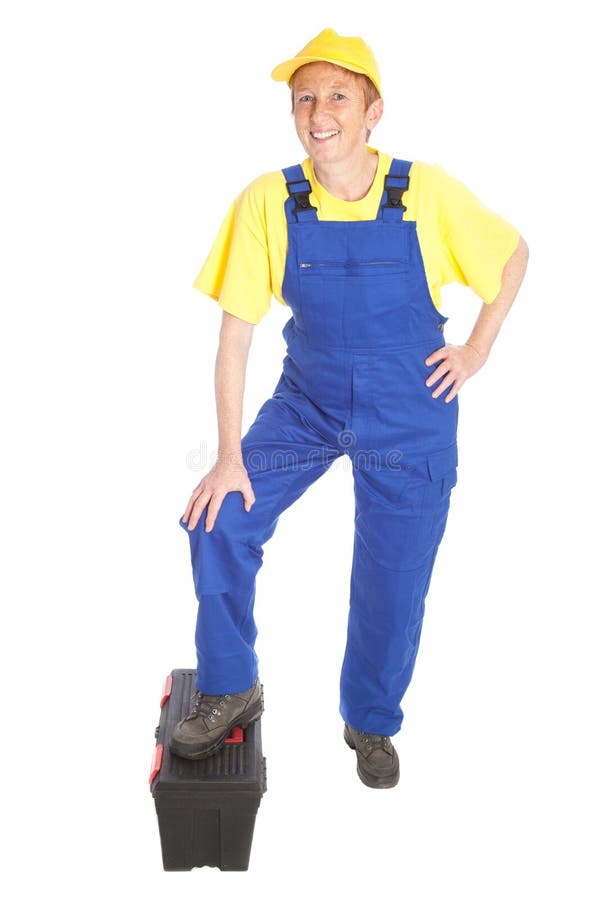 Mecânico fêmea com caixa de ferramentas fotos de stock